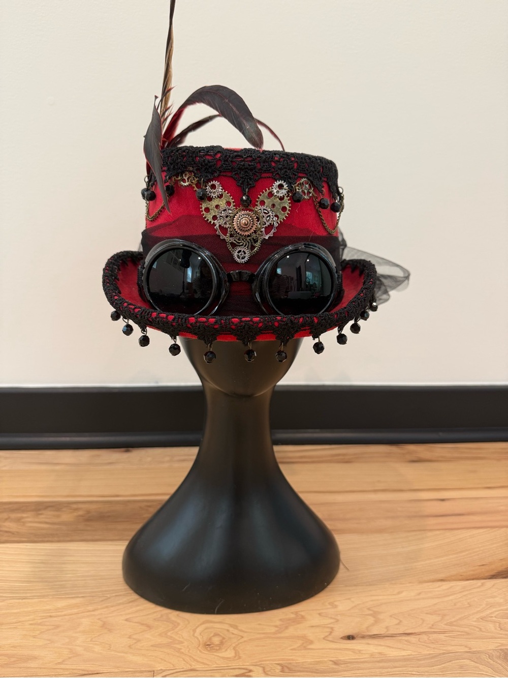 Steampunk Red Top Hat with Goggles | Victorian Gothic Costume Hat